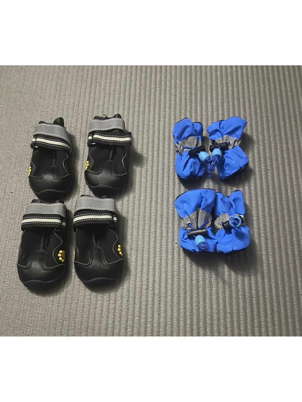 Set of 4 Black Dog Boots with Adjustable Straps and 4 Blue Waterproof Dog Bootie